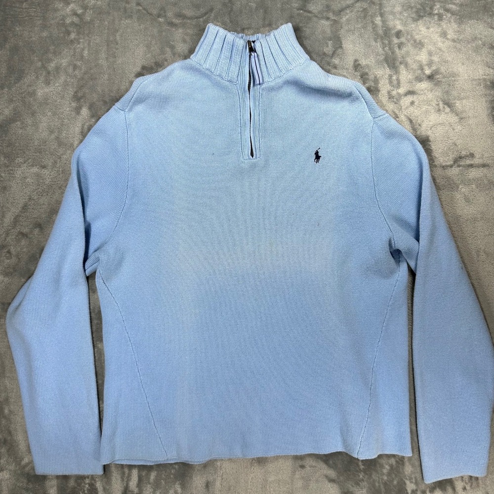 Polo Ralph Lauren Light Blue 100% Cotton Quarter Zip Pullover Sweater Mens Large